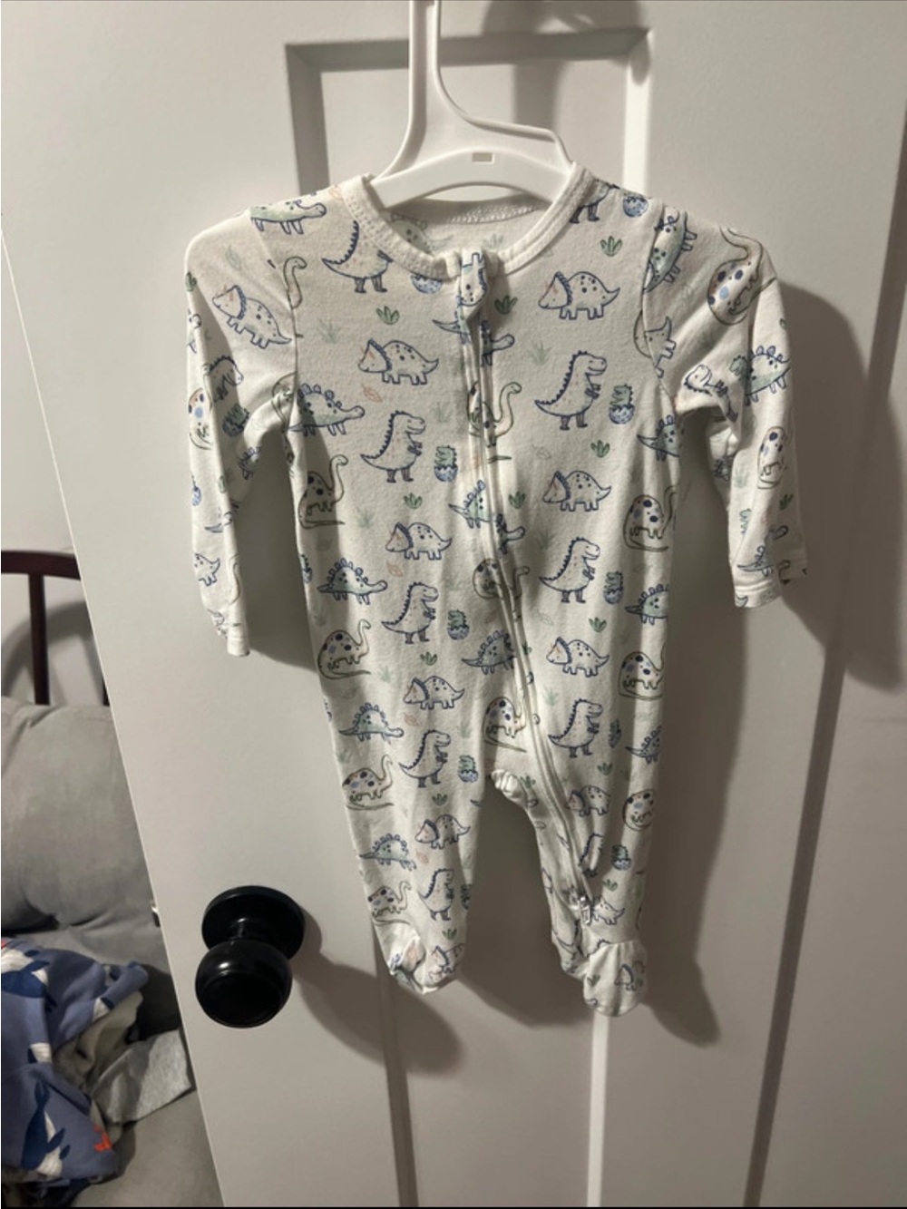 Little Me Cream One-Piece Footie with Blue Dino Print